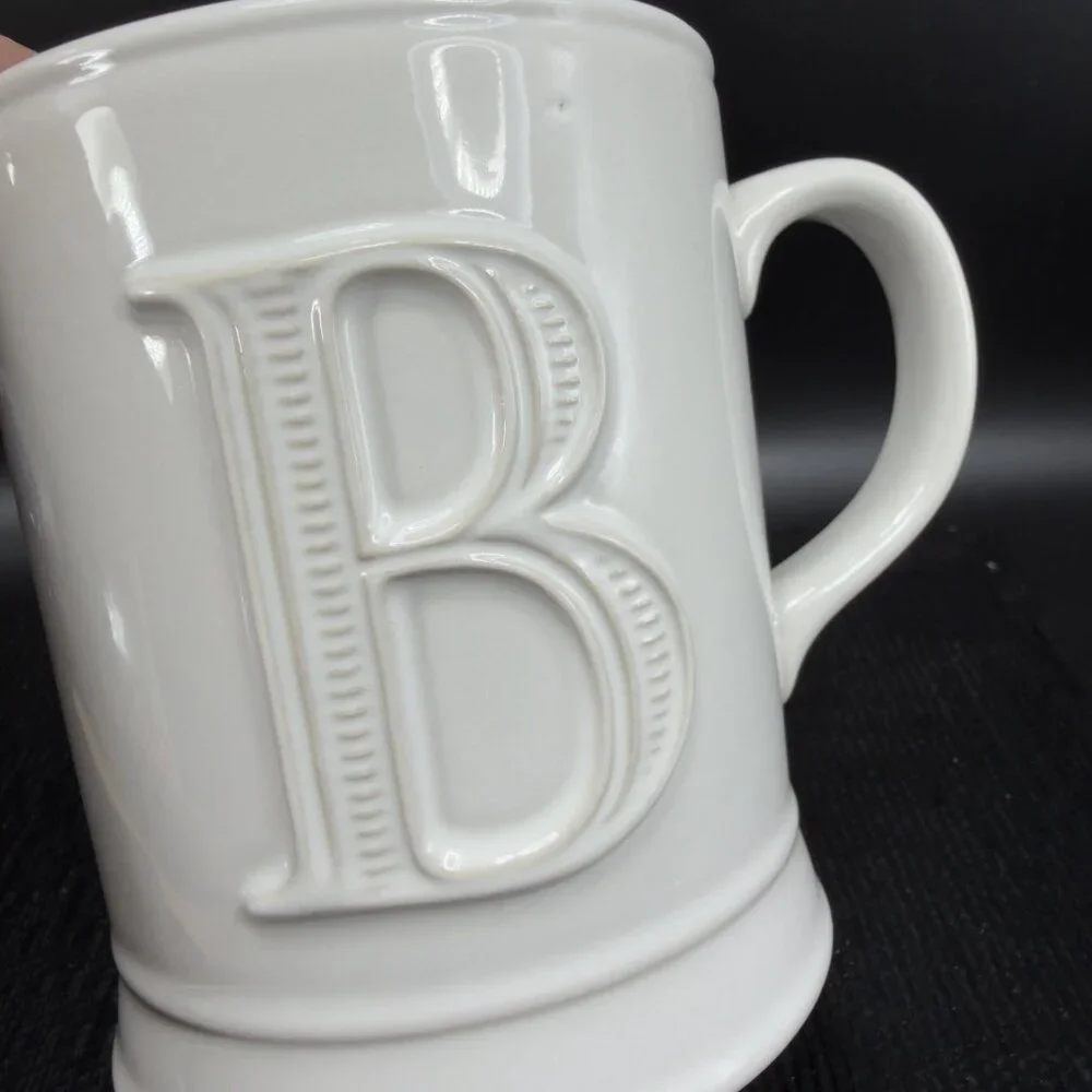 Pottery‎ Barn Monogram Letter B White Raised Letter Ceramic Stoneware Cup Mug